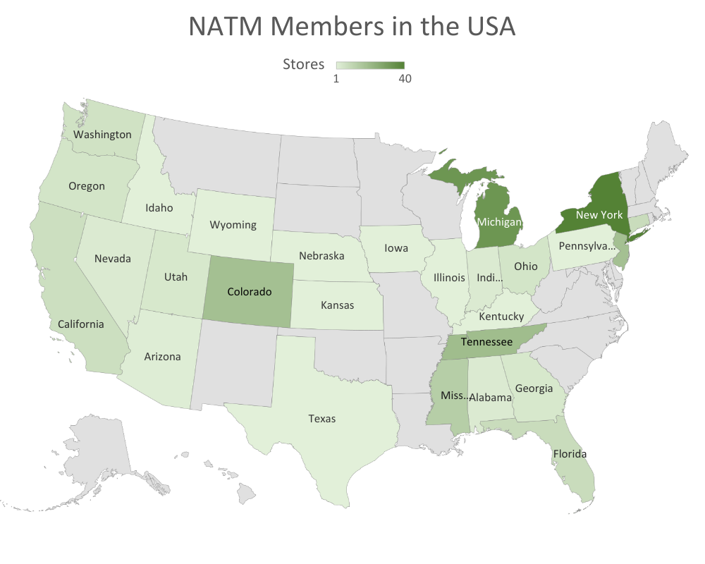 Map showing NATM member retailers across the United States